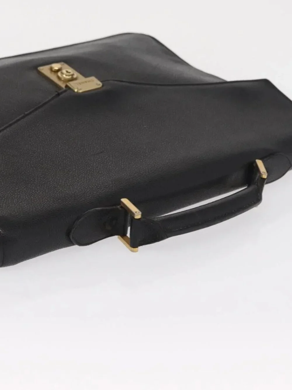 CHANEL Business Bag Grained Calf Skin Black Gold CC Auth 164528